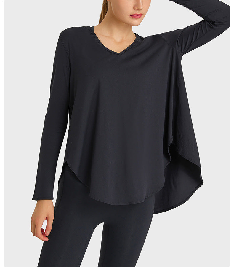 Top de yoga ligero, fino, suelto, que absorbe la humedad, para entrenamiento, adelgazante, con cobertura abdominal, asimétrico e irregular, de secado rápido, de manga larga.