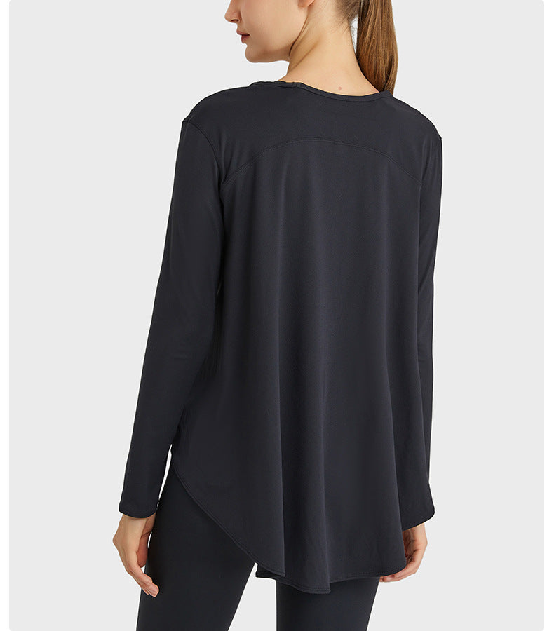 Top de yoga ligero, fino, suelto, que absorbe la humedad, para entrenamiento, adelgazante, con cobertura abdominal, asimétrico e irregular, de secado rápido, de manga larga.