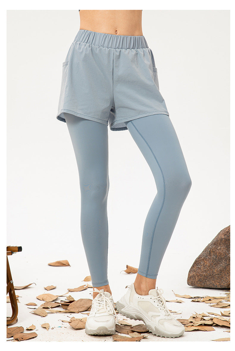 Women Faux Two Piece Yoga Trousers High Waist Hip Lift Fitness Pants Pocket Loose Breathable Running Workout Pants