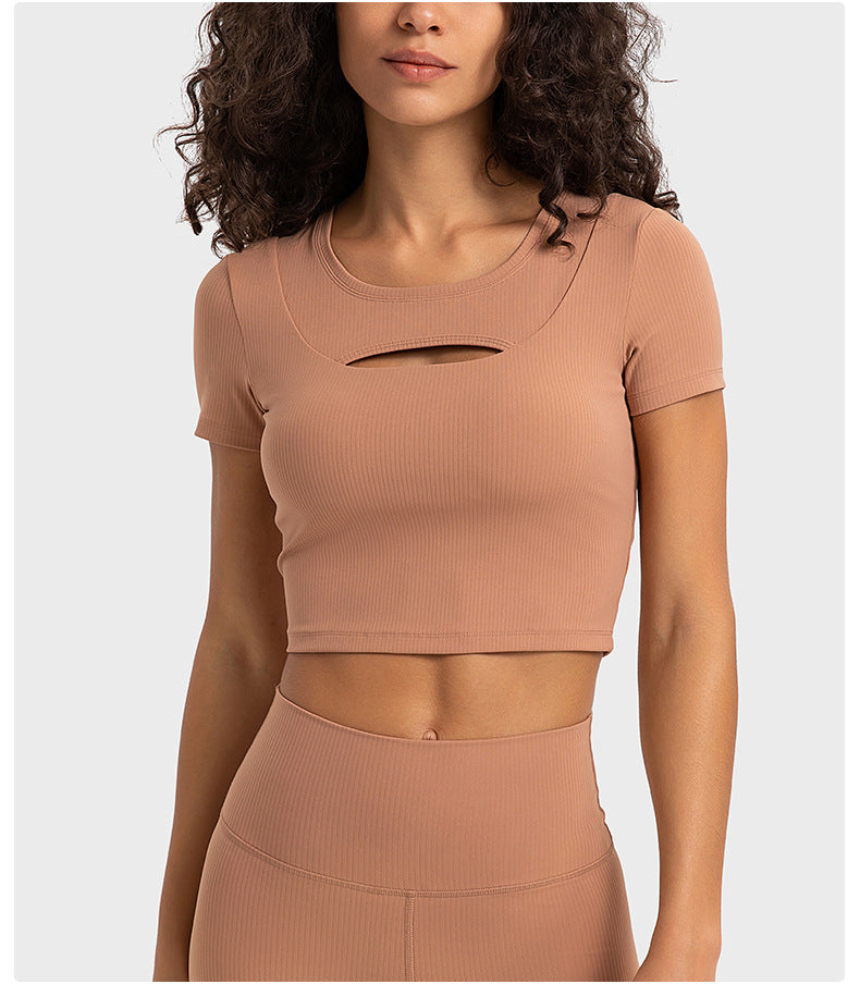 Stripe Rib Sexy Cutout Short Sports T Shirt Women With Chest Pad Three Dimensional Slim Fit Slimming Yoga Short Sleeve
