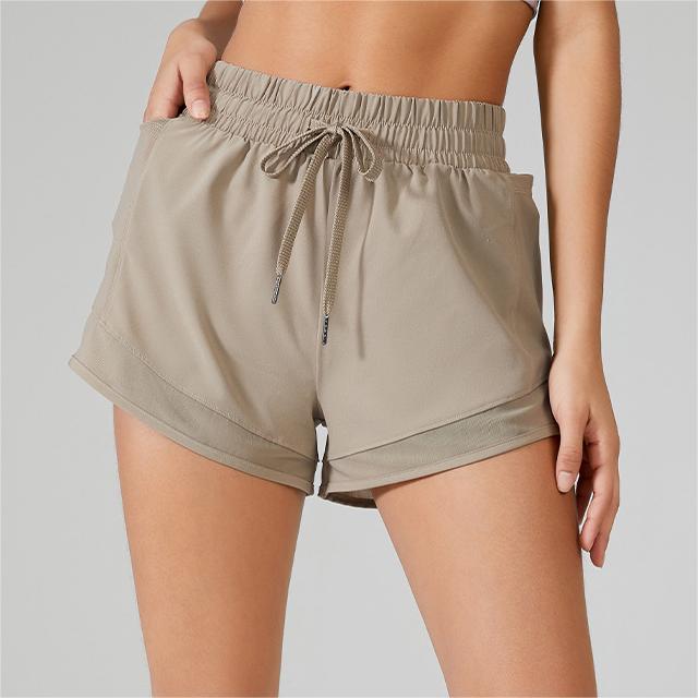 High Waist Drawstring Sports Pocket Shorts Women Anti Exposure Mesh Stitching Fitness Pants Running Yoga Shorts