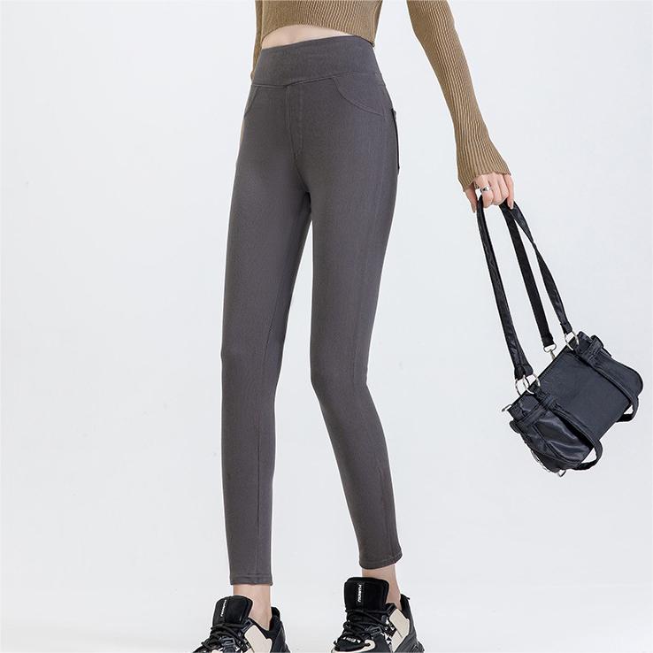 Denim Thermal Leggings Spring Summer Keep Warm High Waist Hip Lifting Casual Pants Tight Feet Fleece Lined Pants