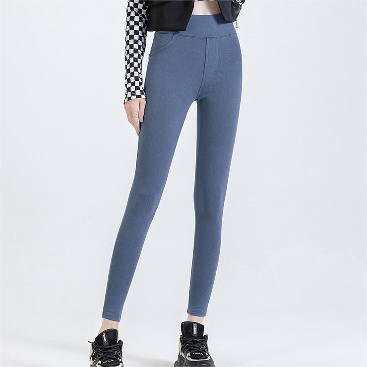 Denim Thermal Leggings Spring Summer Keep Warm High Waist Hip Lifting Casual Pants Tight Feet Fleece Lined Pants