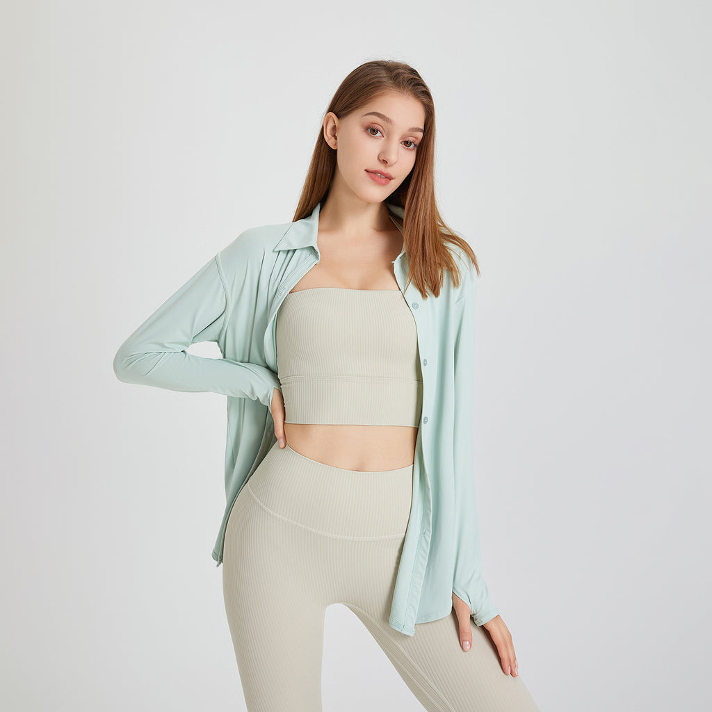 Camisa deportiva fresca con protección solar para mujer, ropa de yoga larga y holgada, blusa de manga larga de secado rápido para entrenamiento de verano