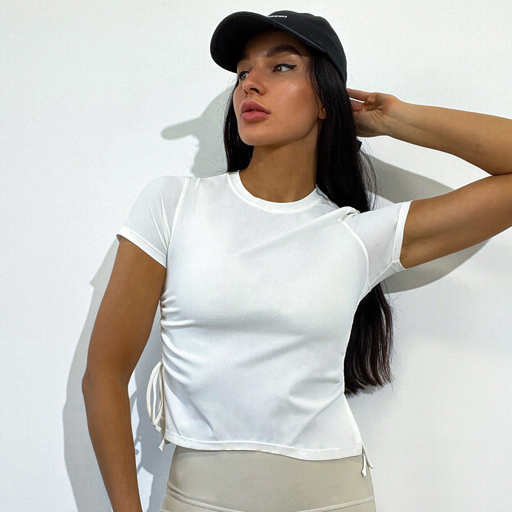 Camiseta de verano sexy de nailon transpirable con cordón ajustable y cuello redondo de manga corta para mujer