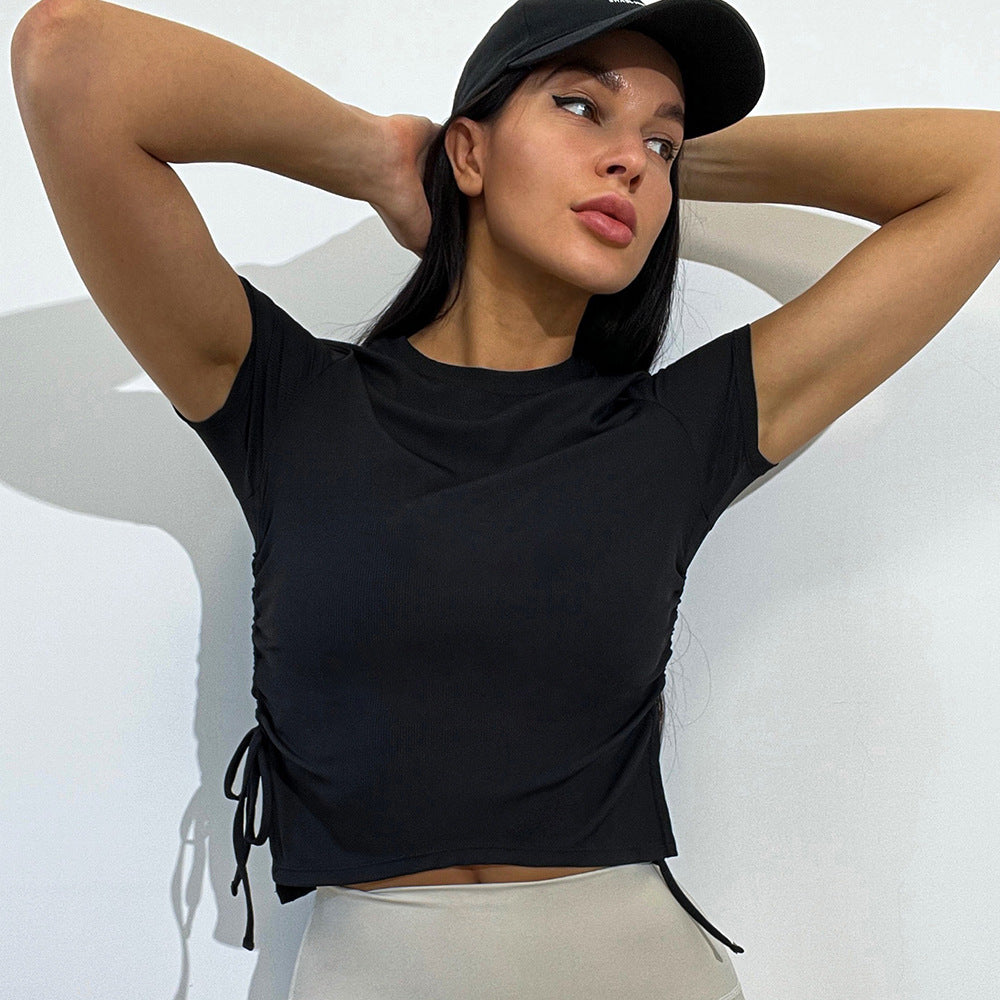 Camiseta de verano sexy de nailon transpirable con cordón ajustable y cuello redondo de manga corta para mujer