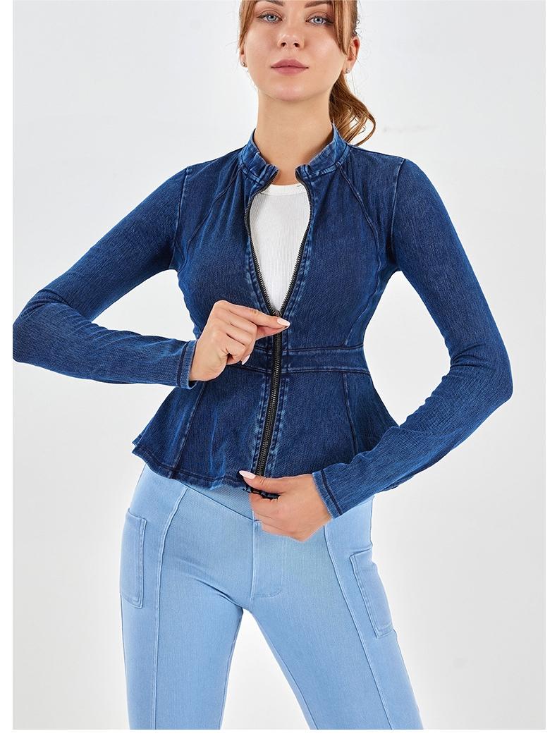 Autumn Winter Denim Yoga Zipper Coat High Collar Slimming A Line Hem Sports Outerwear Fitness Long Sleeved Upper Garment