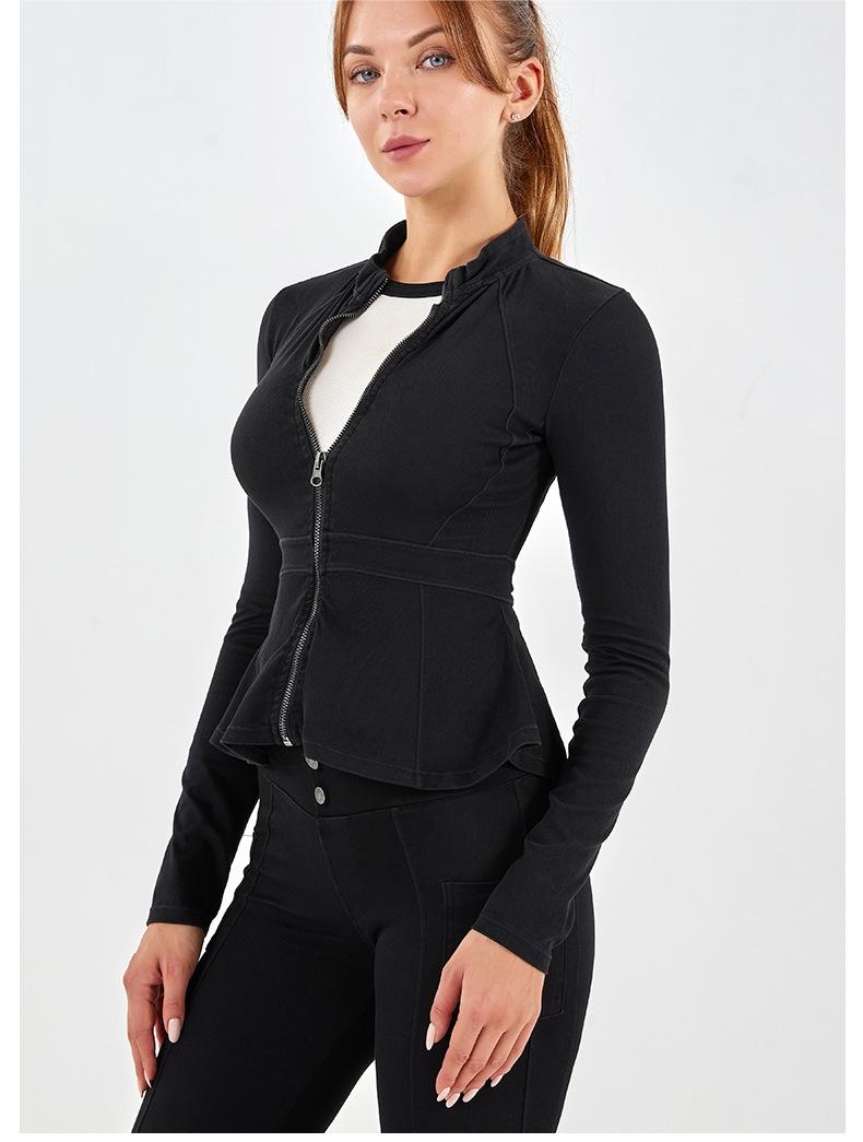 Autumn Winter Denim Yoga Zipper Coat High Collar Slimming A Line Hem Sports Outerwear Fitness Long Sleeved Upper Garment