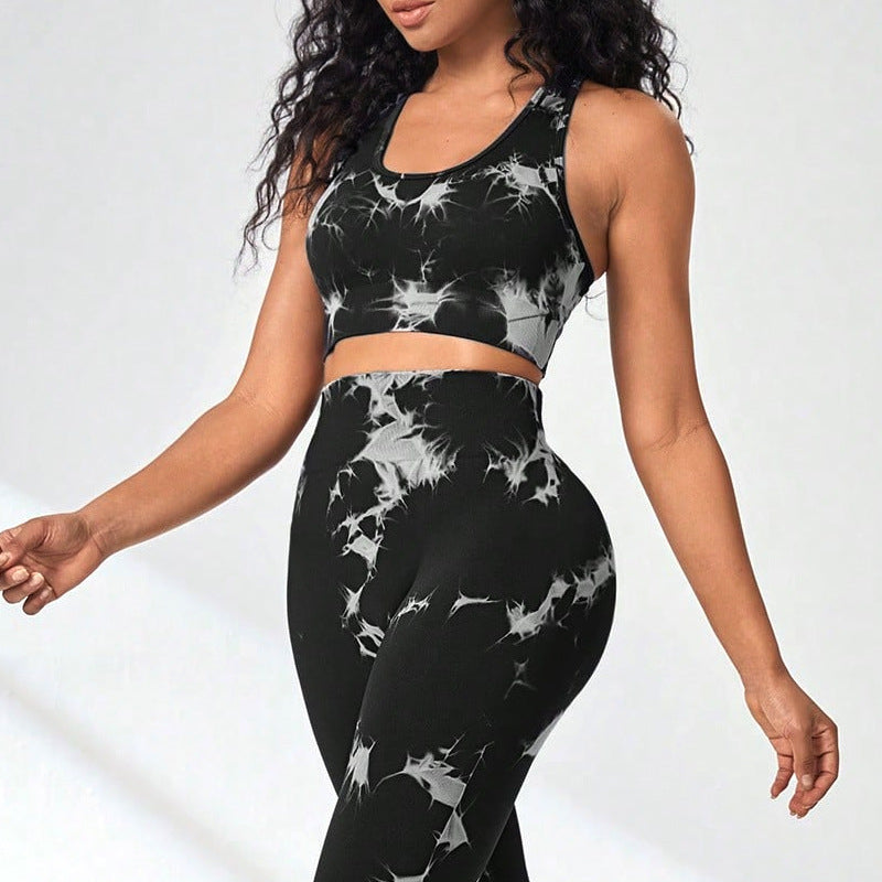 Traje de yoga teñido anudado para mujer, sujetador deportivo de entrenamiento de caña alta, pantalones de yoga fitness con elevación de cadera en color melocotón