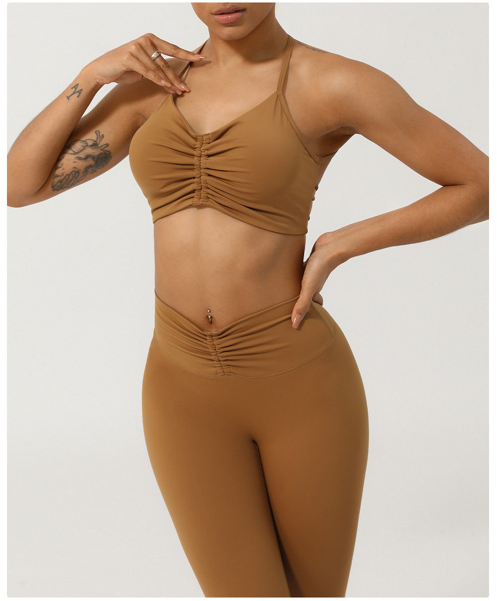 Conjunto de dos piezas de traje de yoga con efecto arrugado y espalda descubierta, sujetador push up para entrenamiento, leggings deportivos para levantar la cadera