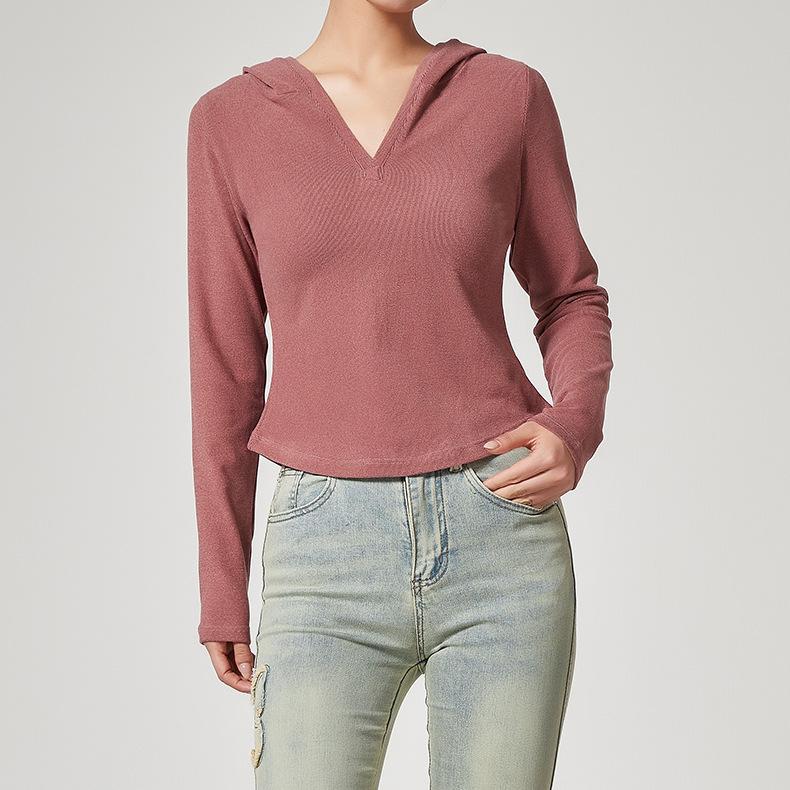 Camiseta de cuello en V para mujer, camiseta de manga larga con capucha a juego para otoño e invierno, ideal como prenda de abrigo.