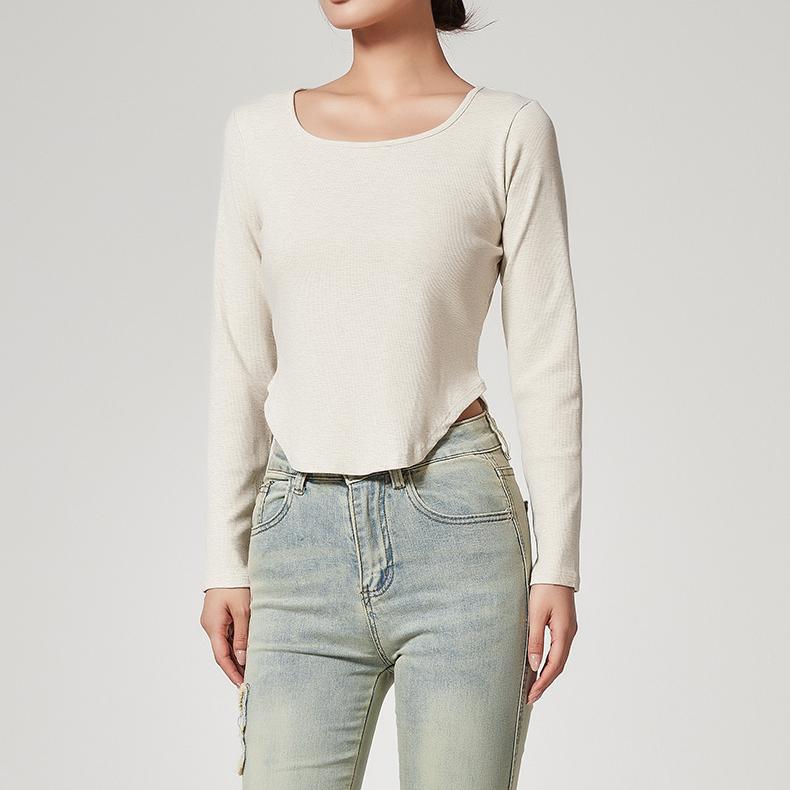 Camiseta de manga larga con cuello en U para mujer, estilo coreano, entallada, con diseño adelgazante, para otoño e invierno