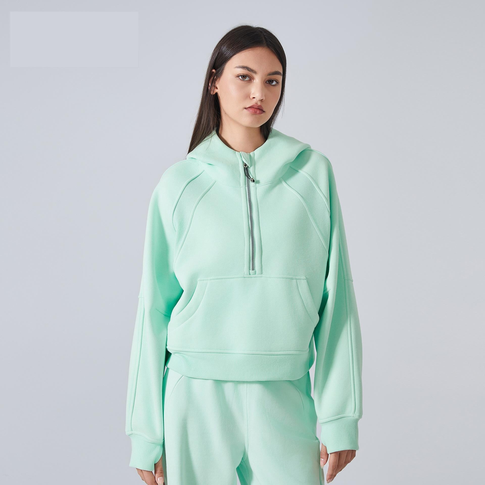 Autumn Winter Fleece lined Warm Yoga Clothes Half Zipper Hooded Sweater Outdoor Fitness Loose Sports Top Women