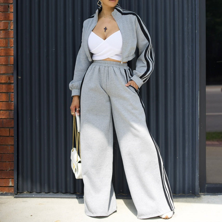 Women Clothing Sports Sweater Striped Jacket Two Piece Sets Loose Autumn Winter