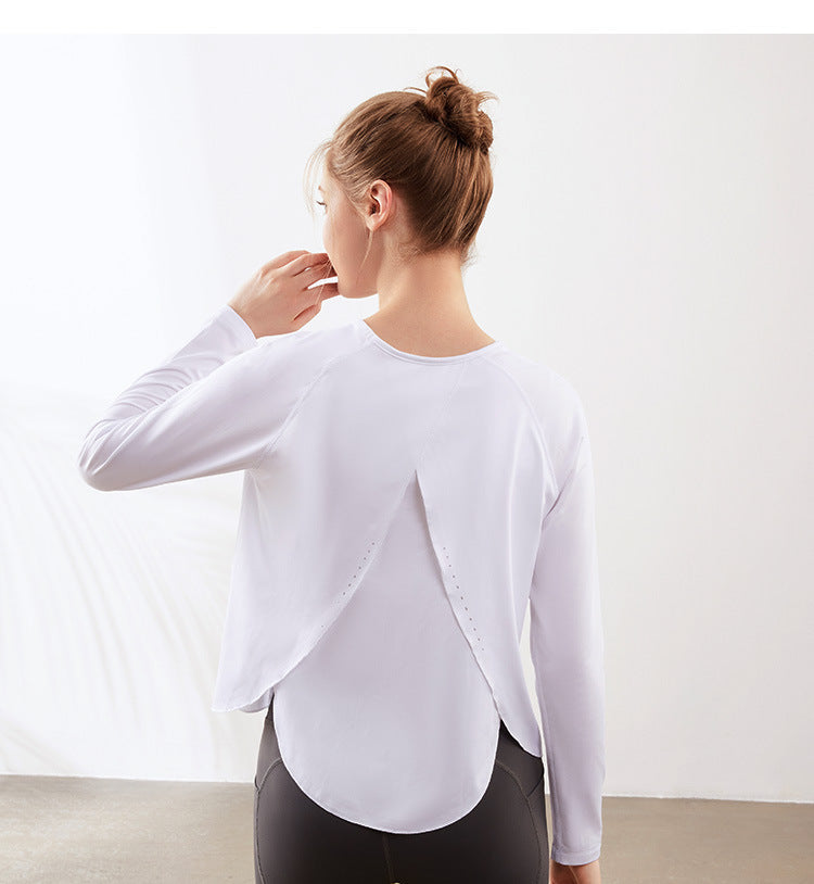 Blusa de yoga con espalda abierta para mujer, holgada, de secado rápido, para correr, deportiva, de manga larga, transpirable, para entrenamiento