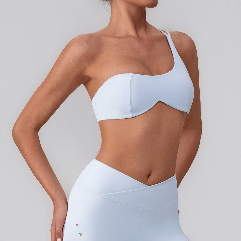 Ropa de entrenamiento de verano, ropa exterior, belleza, espalda ahuecada, chaleco con hombros oblicuos, sujetador de yoga, top, ropa interior deportiva de tacto nude para mujer