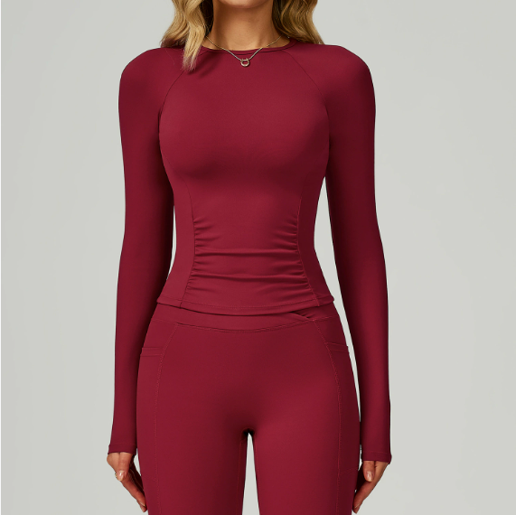Nude Feel round Neck Yoga Long Sleeve Slim Fitting Belly Contracting High Sense Sports Top Outdoor Running Fitness Clothes