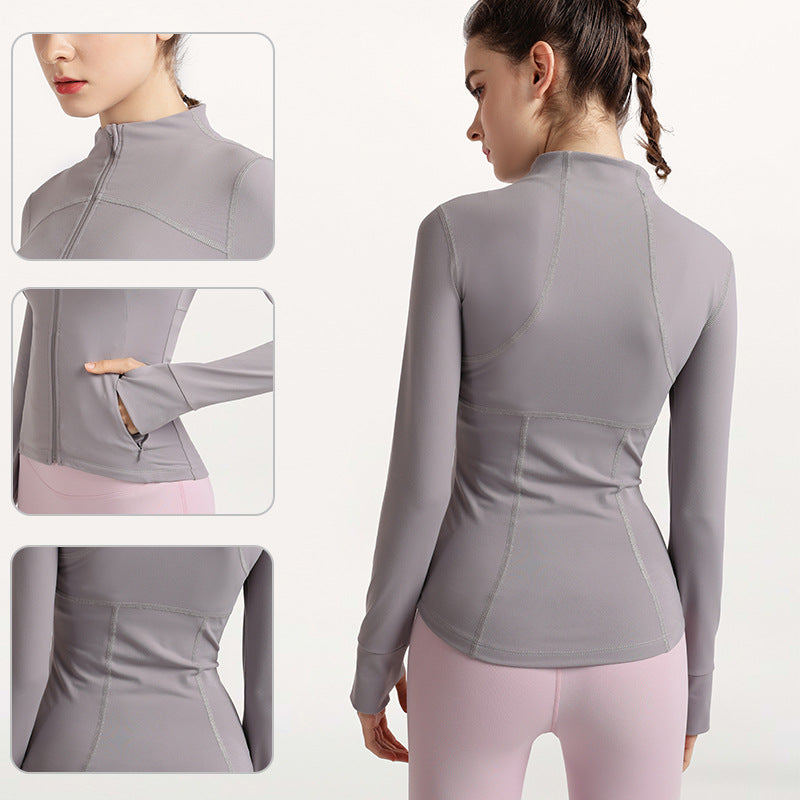 Long-Sleeved Quick-Drying Workout Clothes Running Yoga Jacket Coat Zipper Sports Blouse for Women