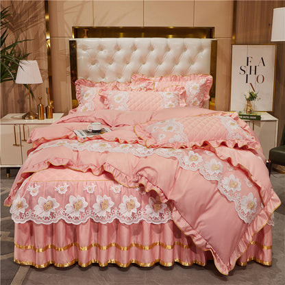 Falda de cama de encaje estilo princesa de Tencel, traje de cuatro piezas
