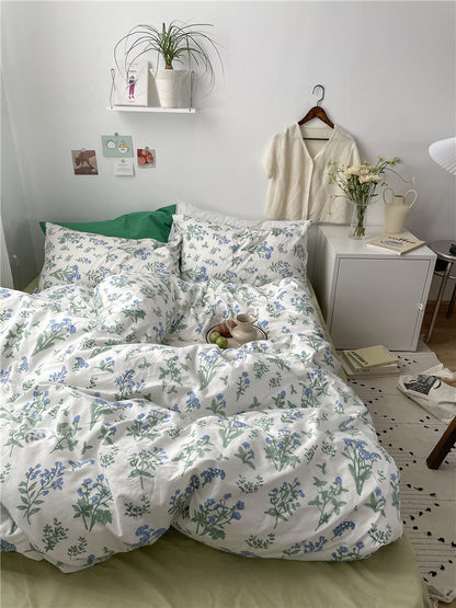 Juego de cama de algodón con estampado floral pequeño, estilo coreano, cuatro piezas