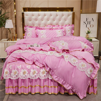 Falda de cama de encaje estilo princesa de Tencel, traje de cuatro piezas