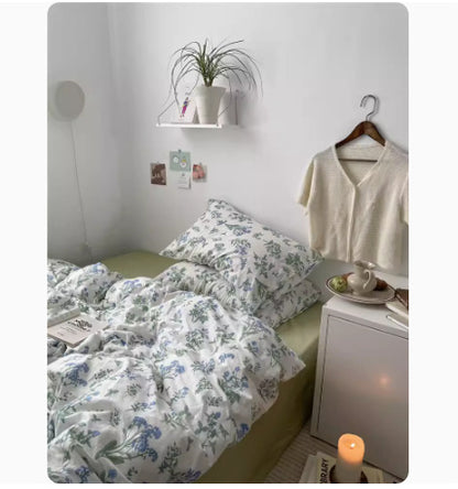 Juego de cama de algodón con estampado floral pequeño, estilo coreano, cuatro piezas