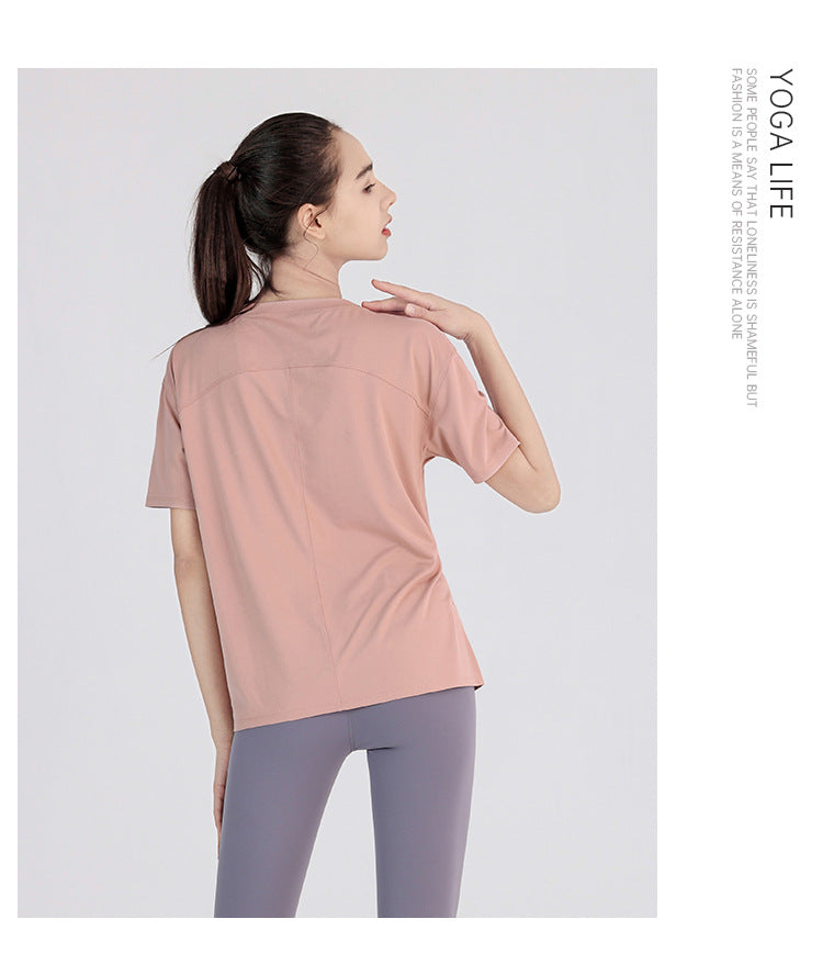 Ropa de yoga para mujer, primavera verano, manga corta, secado rápido, camiseta adelgazante, ropa de entrenamiento de celebridades de Internet, top deportivo holgado para correr por la mañana.