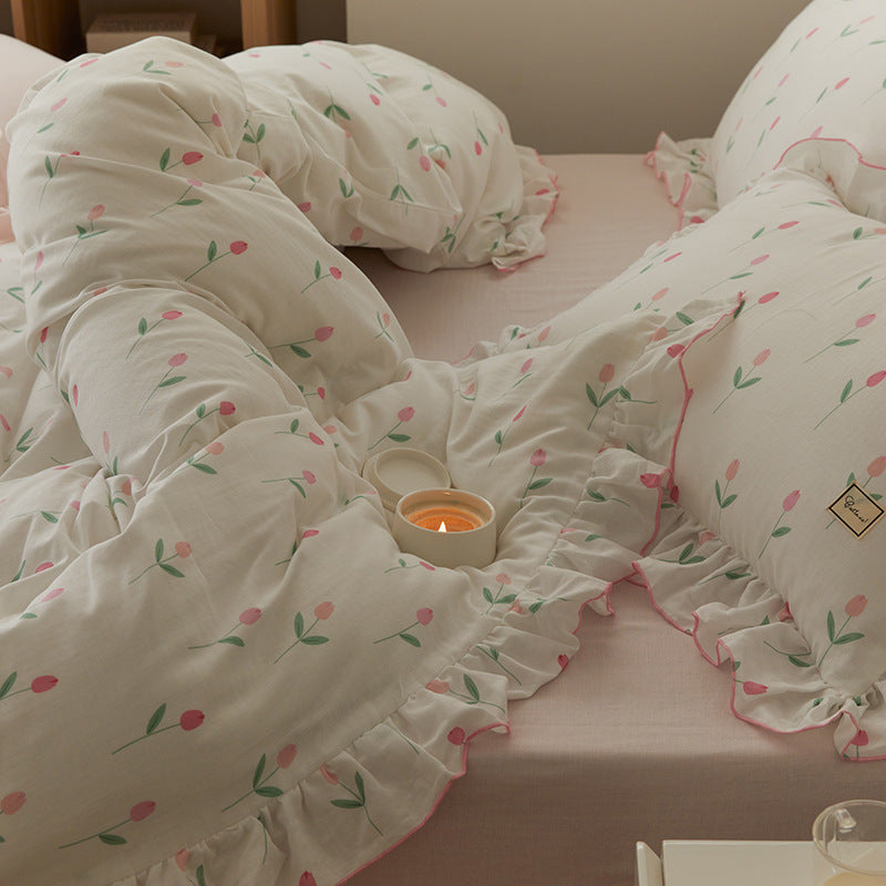Juego de cama de cuatro piezas con diseño floral pastoral Ins Wind