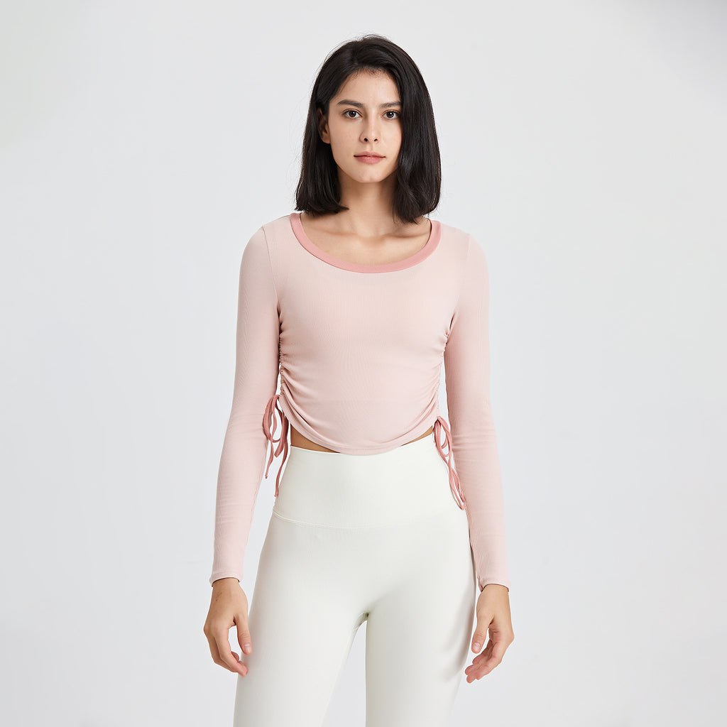 Ropa de yoga con cordón lateral para otoño e invierno, camiseta de manga larga para mujer, top para correr a juego de colores, ropa de fitness fina y ajustada.