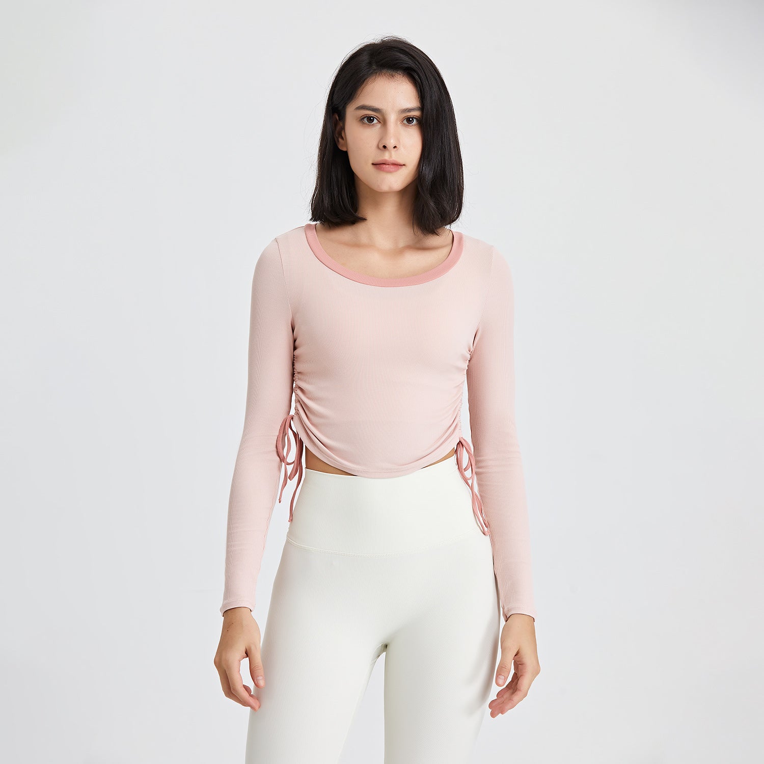 Ropa de yoga con cordón lateral para otoño e invierno, camiseta de manga larga para mujer, top para correr a juego de colores, ropa de fitness fina y ajustada.