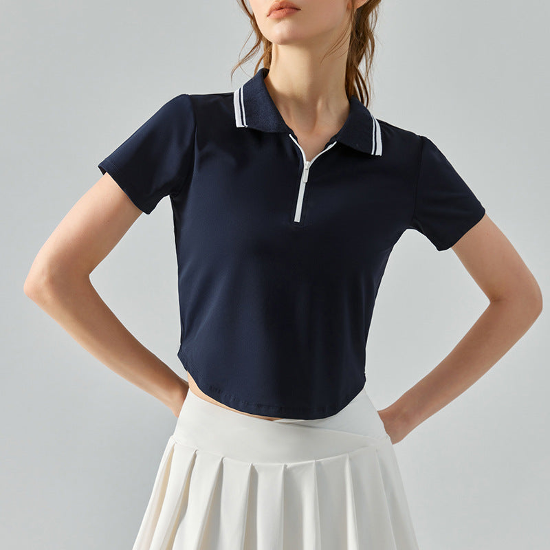 Top deportivo de manga corta con cuello y media cremallera para mujer, con dobladillo inferior circular, holgado, de fitness, tacto piel, ajustado, transpirable, para yoga, verano