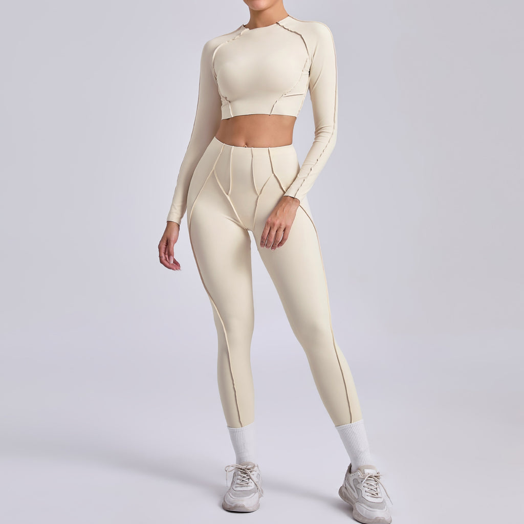 Conjunto de dos piezas de yoga con estampado tridimensional de arena otoñal para mujer, ropa de yoga plisada para levantar la cadera, ideal para correr, hacer ejercicio y entrenar.