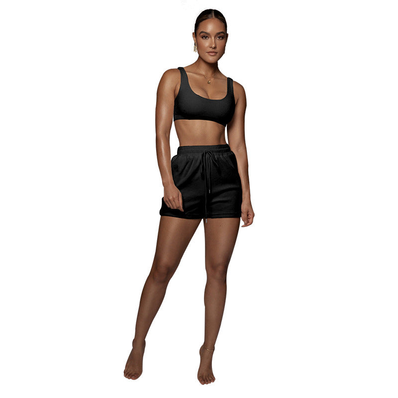 Conjunto deportivo informal de dos piezas con cordón y camiseta sin mangas corta de color liso de verano para mujer