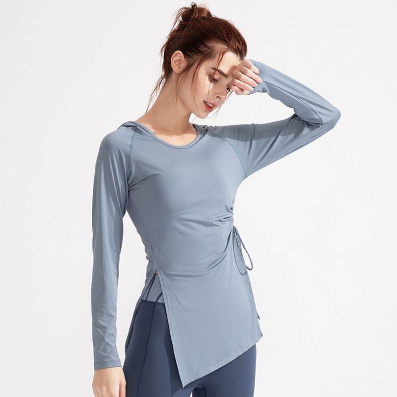 Ropa de yoga para mujer, ropa de entrenamiento, ropa de secado rápido, top deportivo con capucha, manga larga, corte ajustado, para aeróbicos y adelgazamiento.