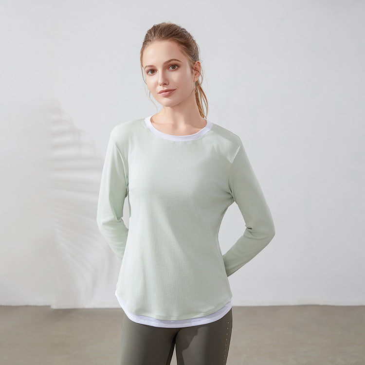 Top deportivo de dos piezas de imitación de color a juego de manga larga para mujer, cuello redondo, ropa de entrenamiento holgada, ropa de celebridad de Internet, camiseta de yoga de secado rápido