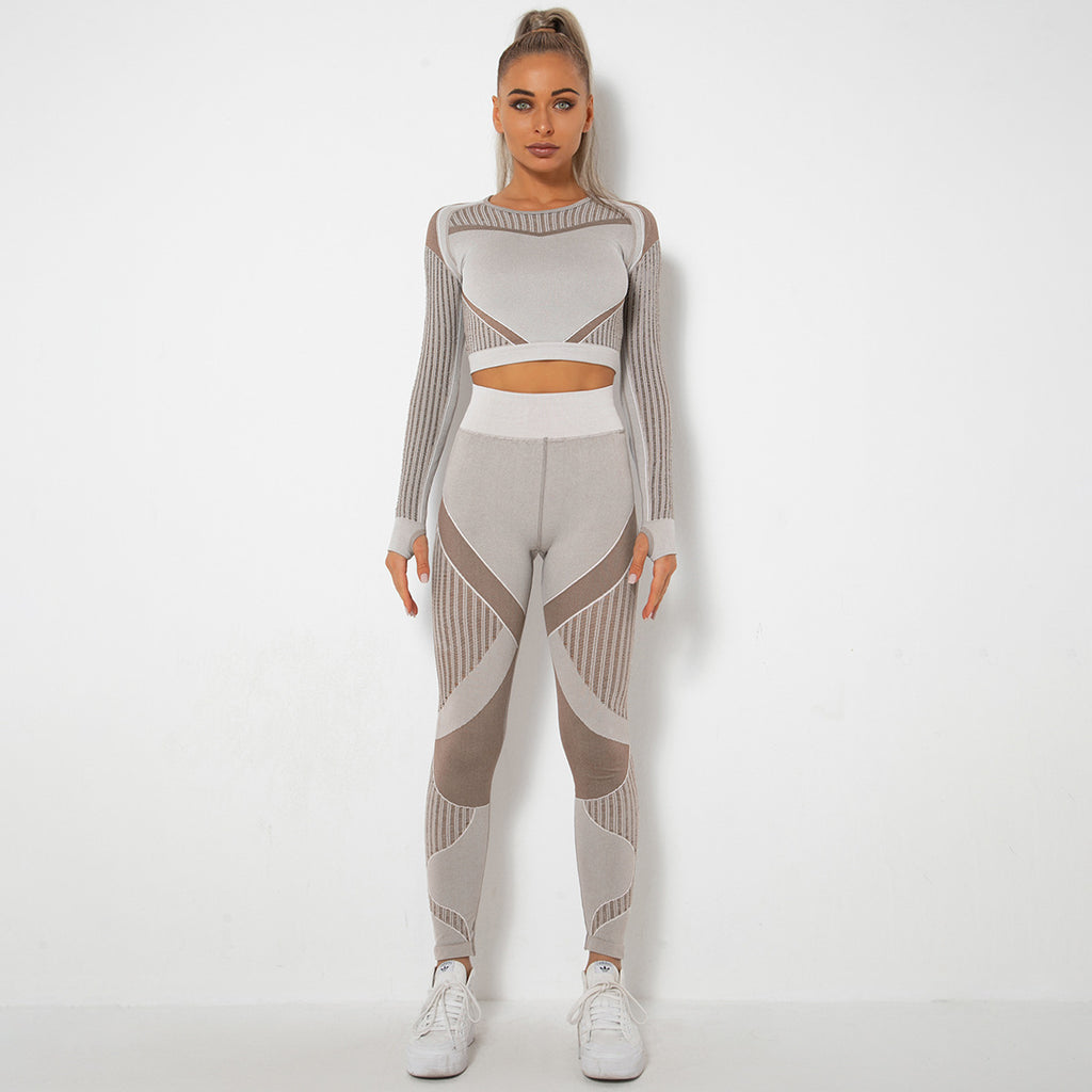 Traje de yoga de manga larga sin costuras, con aberturas y absorción de humedad, ropa deportiva para fitness, correr y yoga para mujer