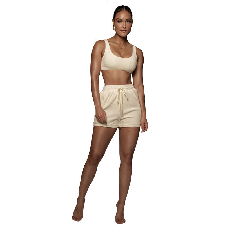 Conjunto deportivo informal de dos piezas con cordón y camiseta sin mangas corta de color liso de verano para mujer