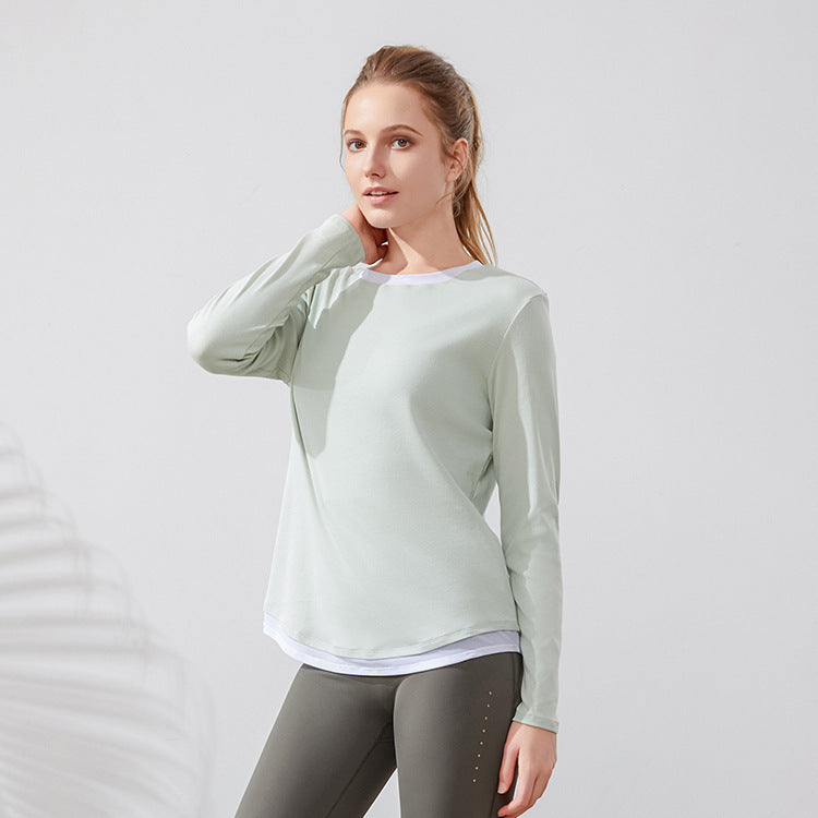 Top deportivo de dos piezas de imitación de color a juego de manga larga para mujer, cuello redondo, ropa de entrenamiento holgada, ropa de celebridad de Internet, camiseta de yoga de secado rápido