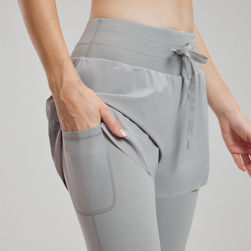 Anti Exposure Faux Two Piece Yoga Trousers High Waist Drawstring Fitness Pants Casual Wild Running Quick Drying Tight Sports Pants