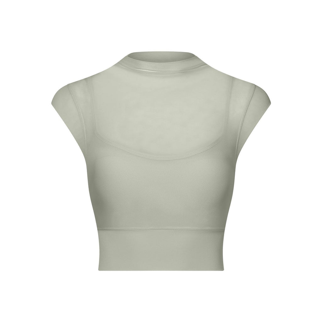Sujetador deportivo de malla sexy para yoga, con mangas con volantes, de secado rápido, con almohadilla para el pecho, de una pieza, para entrenamiento