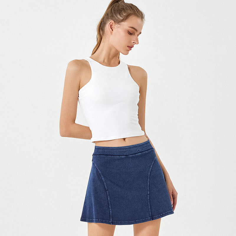 Jupes de yoga en jean imitation deux pièces pour femmes, taille haute, amincissantes, rehaussantes, vêtements de sport, shorts de fitness
