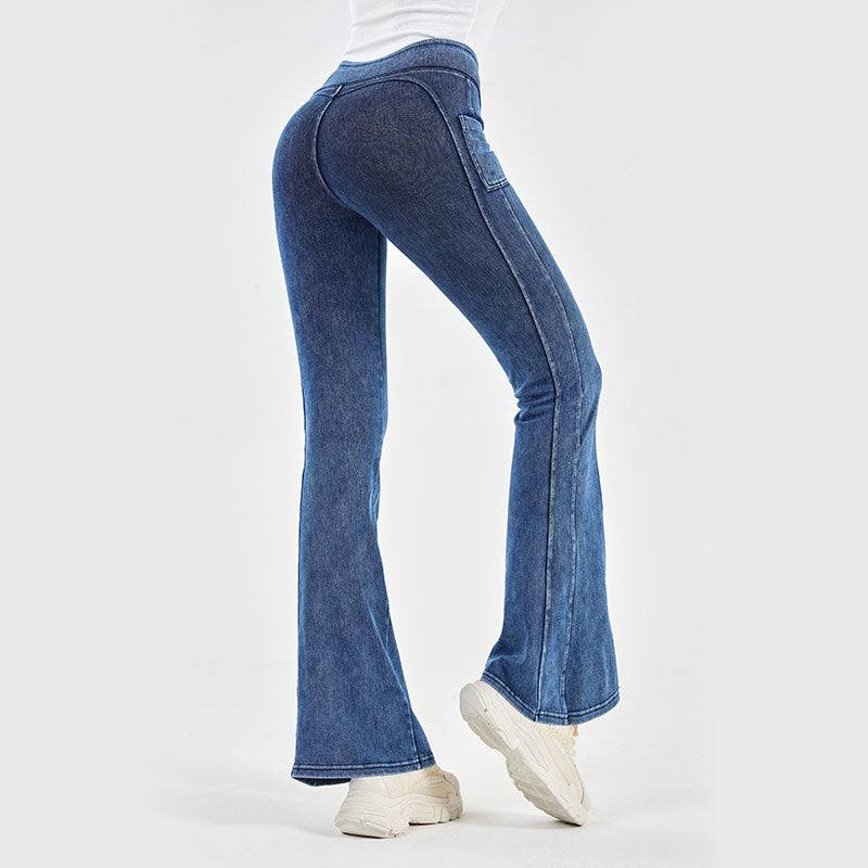Autumn Winter High Waist Denim Yoga Bell Bottom Pants Women High Elastic Belly Contracting Hip Lifting Pocket Sports Fitness Casual Pants