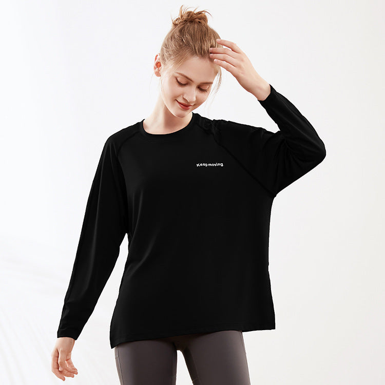 Camiseta holgada de manga larga con estampado de letras para mujer, ropa de yoga holgada, deportiva, con abertura en el dobladillo, informal, larga, para entrenamiento