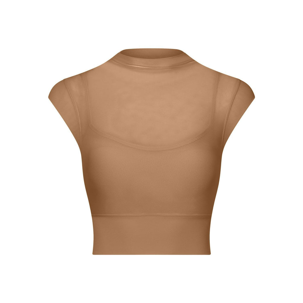 Sujetador deportivo de malla sexy para yoga, con mangas con volantes, de secado rápido, con almohadilla para el pecho, de una pieza, para entrenamiento