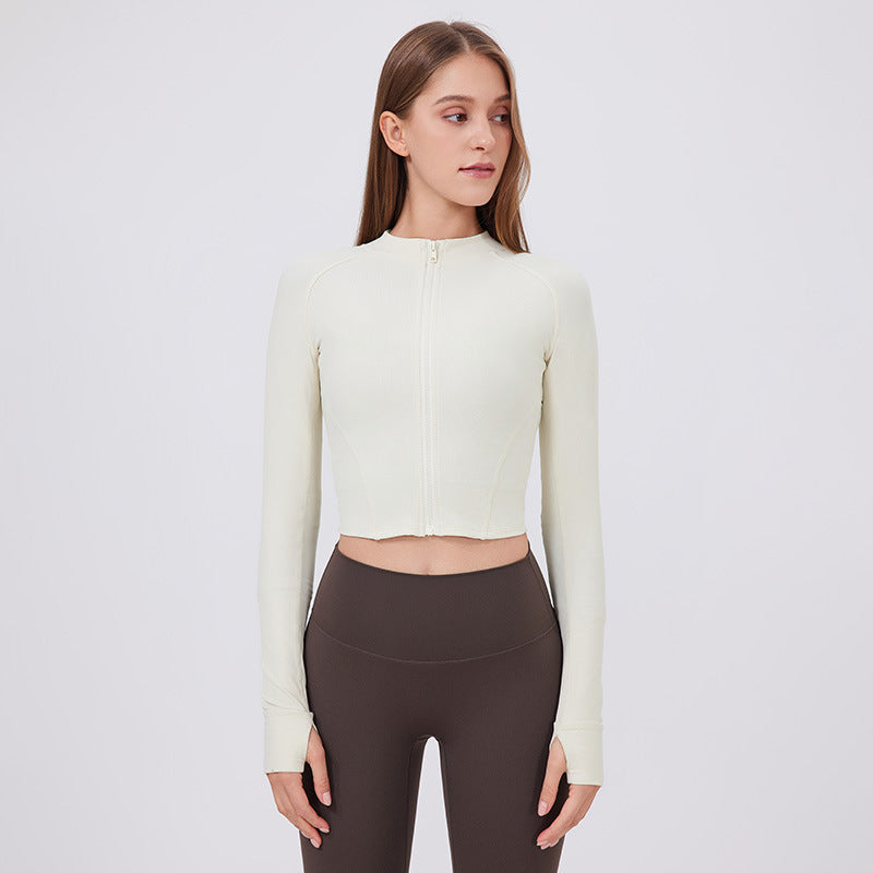 Ropa de yoga con cuello alto para mujer, chaqueta deportiva ajustada con cremallera, muy elástica, tacto piel, manga larga, para correr y fitness