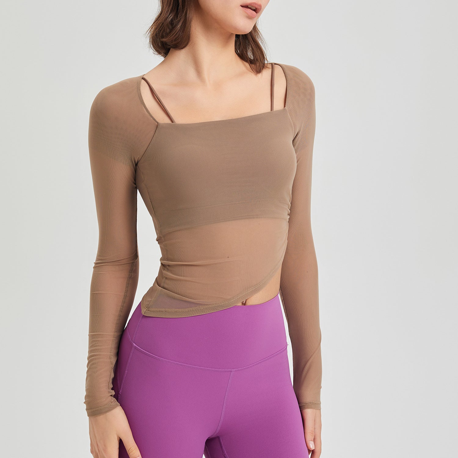 Ropa interior deportiva de dos piezas de malla sintética con copa fija para mujer, ropa exterior para correr, abdominales, banda para el pecho, almohadilla para yoga, top de manga larga para otoño