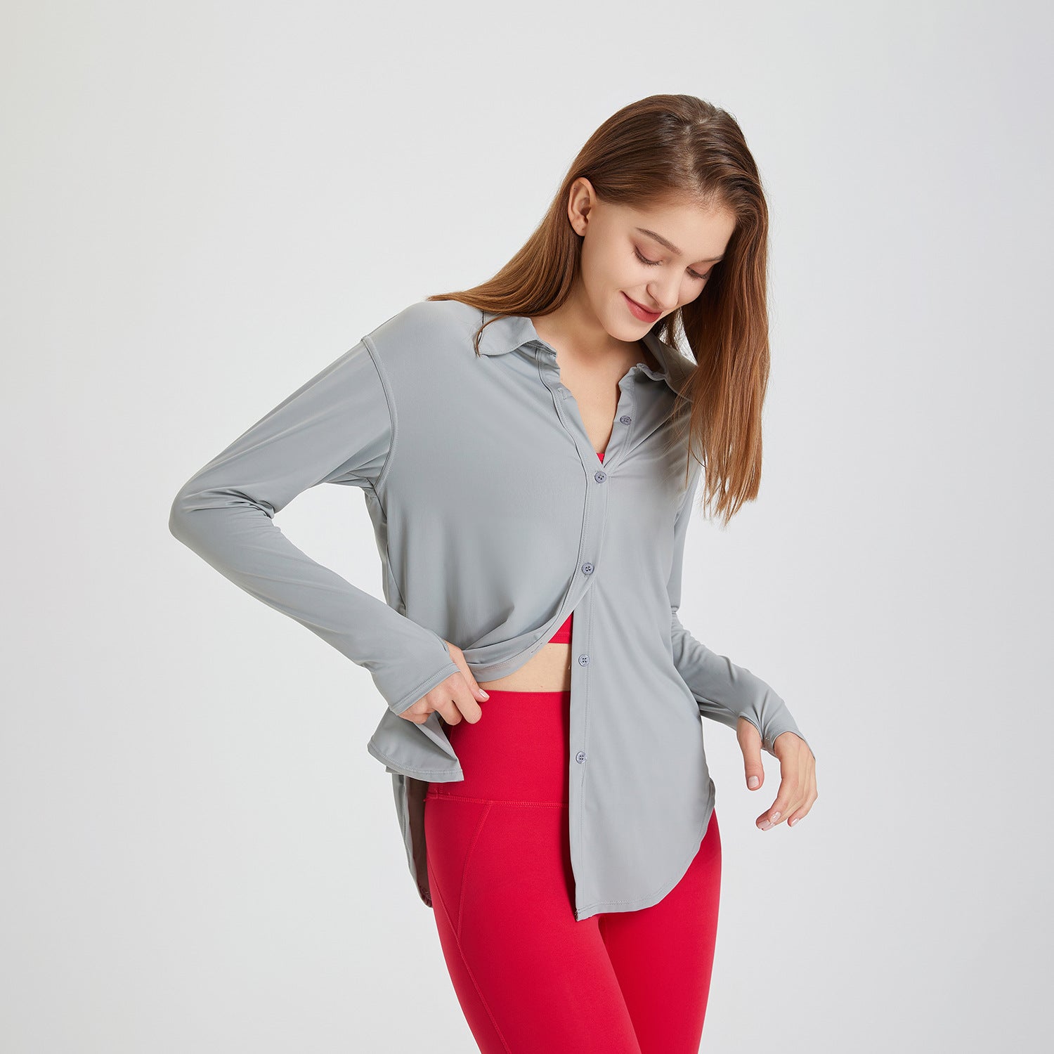 Camisa deportiva fresca con protección solar para mujer, ropa de yoga larga y holgada, blusa de manga larga de secado rápido para entrenamiento de verano