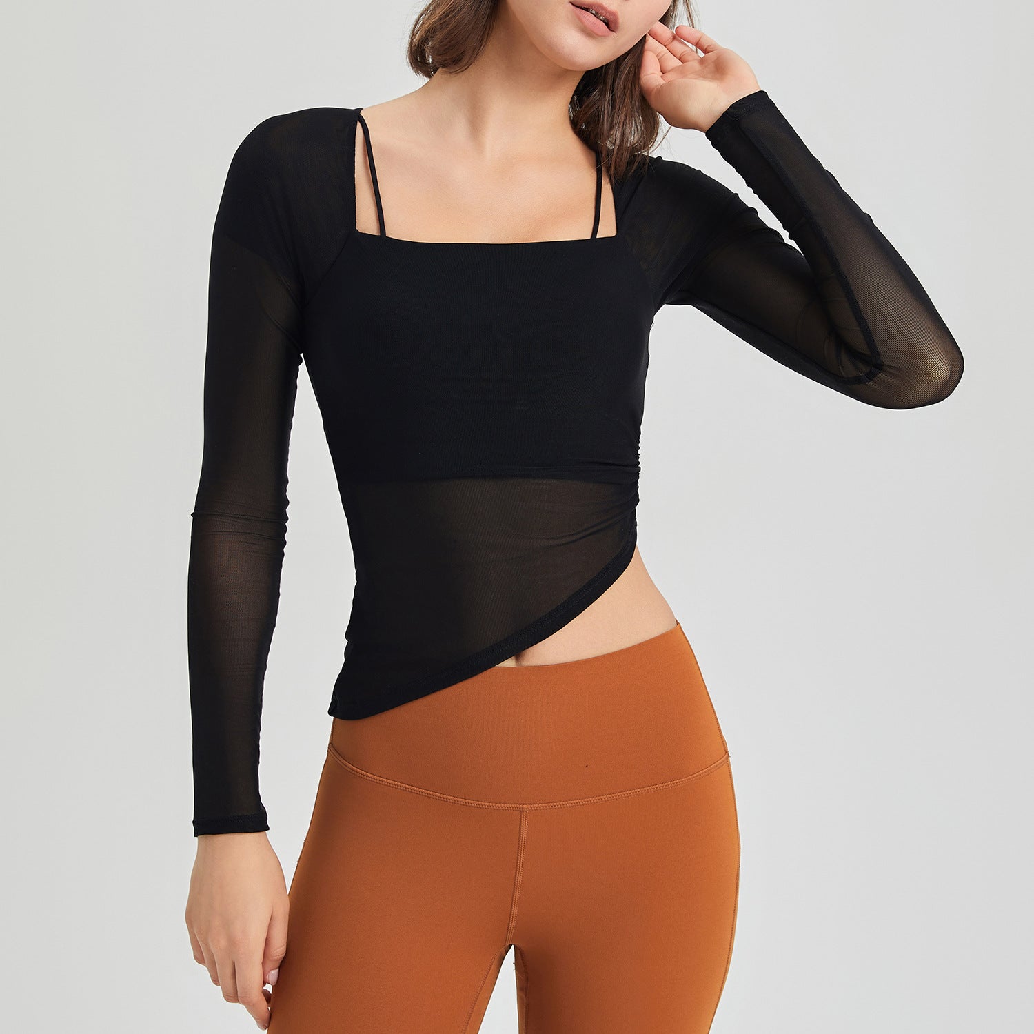 Ropa interior deportiva de dos piezas de malla sintética con copa fija para mujer, ropa exterior para correr, abdominales, banda para el pecho, almohadilla para yoga, top de manga larga para otoño