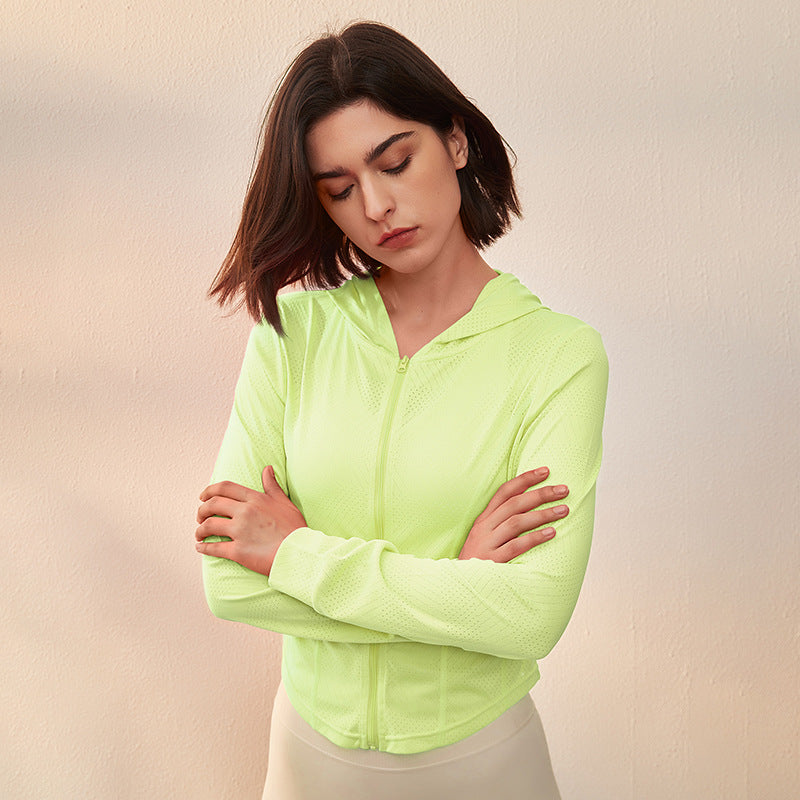 Chaqueta deportiva para mujer, de secado rápido, ajustada, fina, con capucha, para correr, yoga, manga larga, para entrenamiento, protección solar de verano