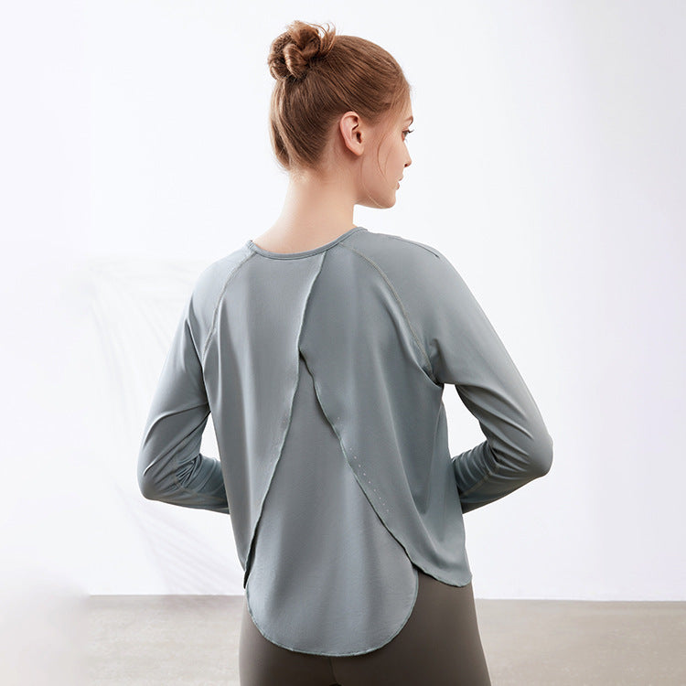 Blusa de yoga con espalda abierta para mujer, holgada, de secado rápido, para correr, deportiva, de manga larga, transpirable, para entrenamiento
